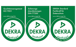 ISO 9001 zertifiziert, Sicherungsdienstleistungen DIN 77200 zertifiziert, DEKRA Standard Fachkraft für Datenschutz
